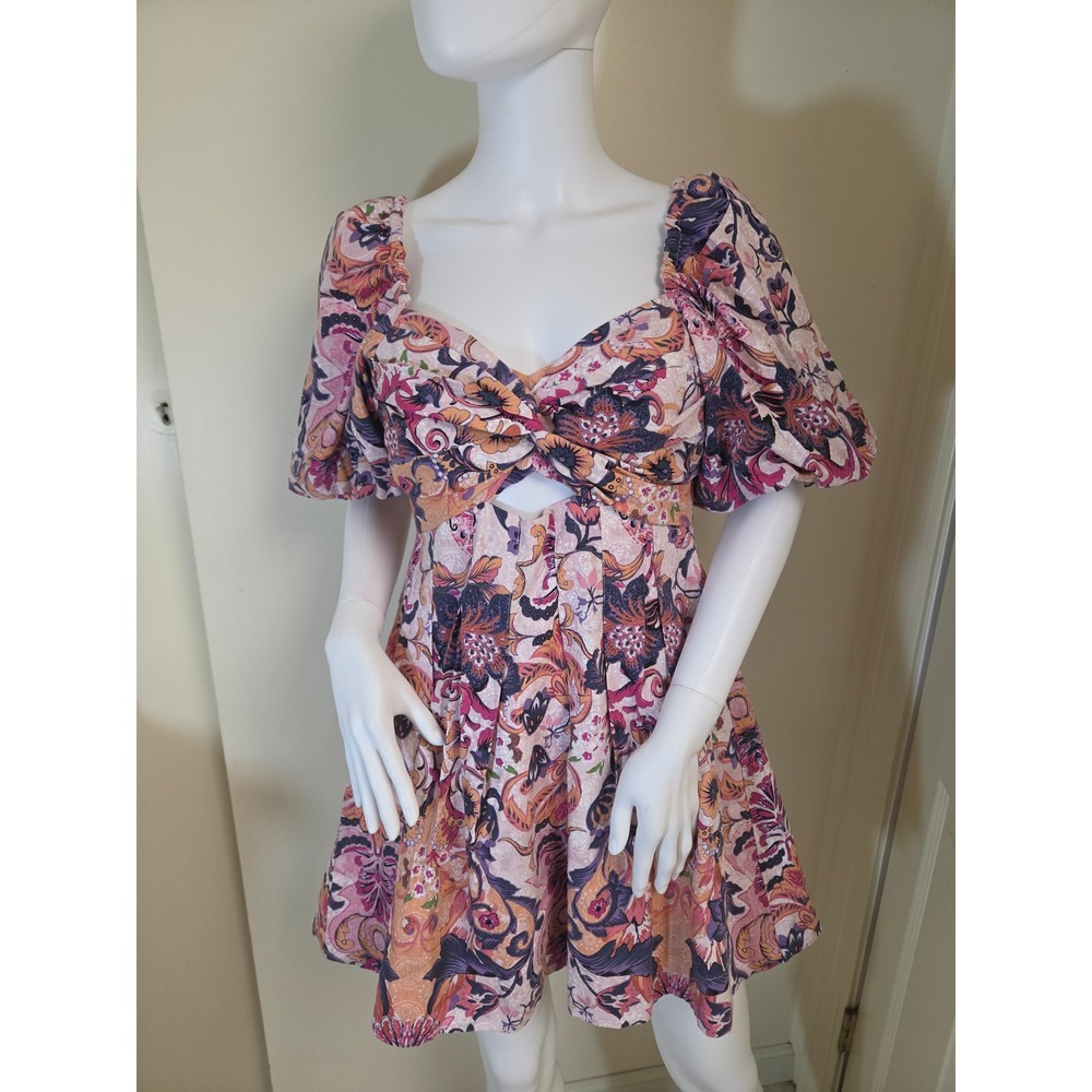 House of Harlow 1960 Pink Paisley Linen Blend Cutout‎ Puff Sleeve Mini Dress 6